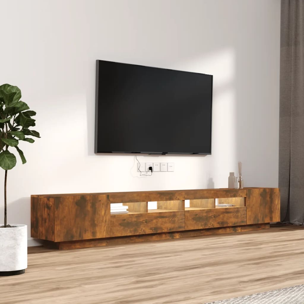 Tv-meubel met LED 260x35x40 cm bewerkt hout artisanaal eiken