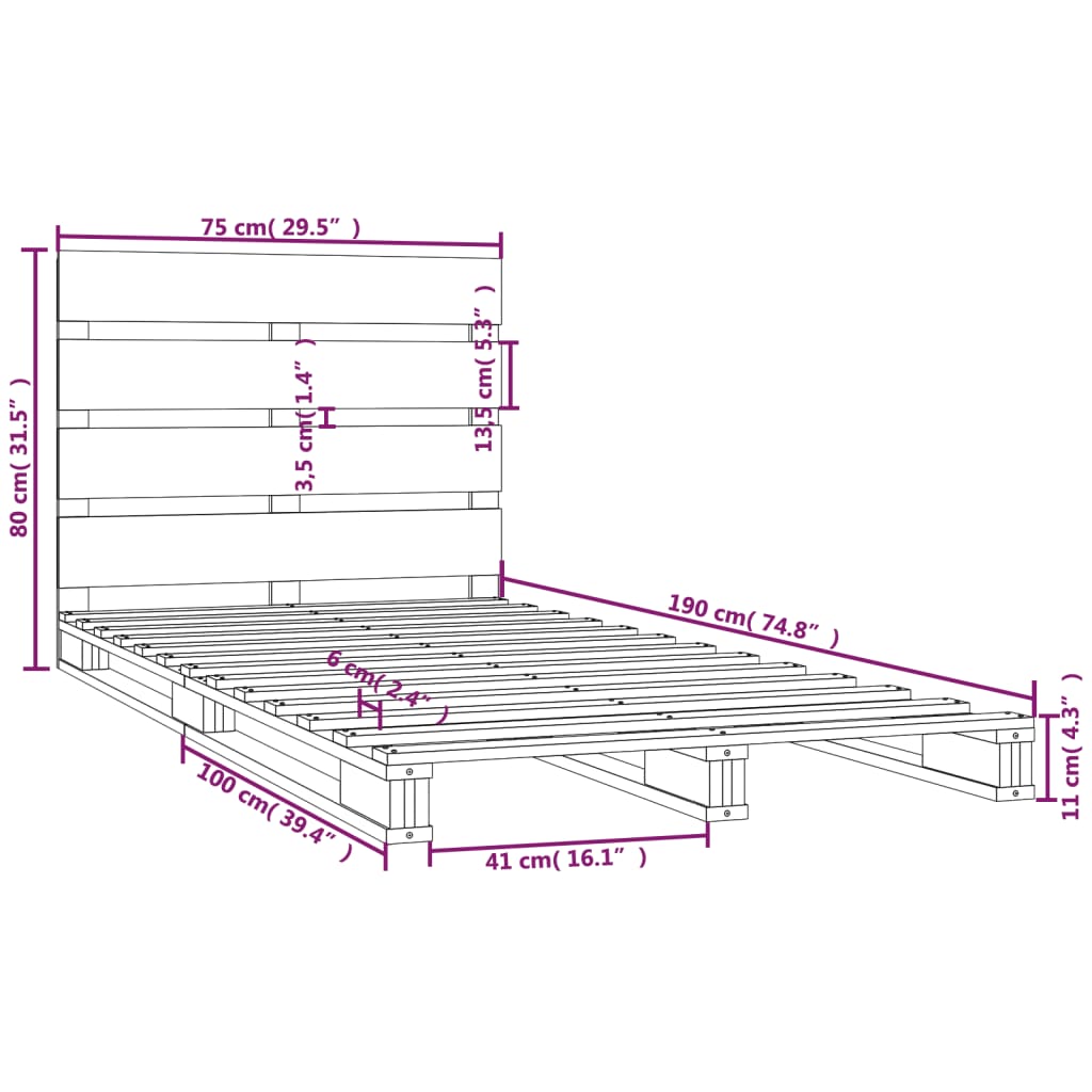 Bedframe massief grenenhout 75x190 cm