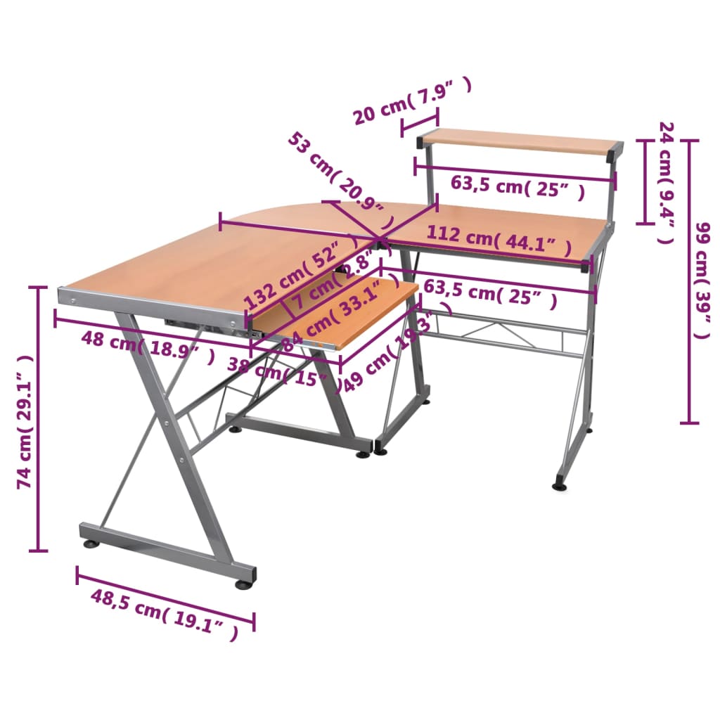 Hoekbureau 132x112x99 cm bewerkt hout