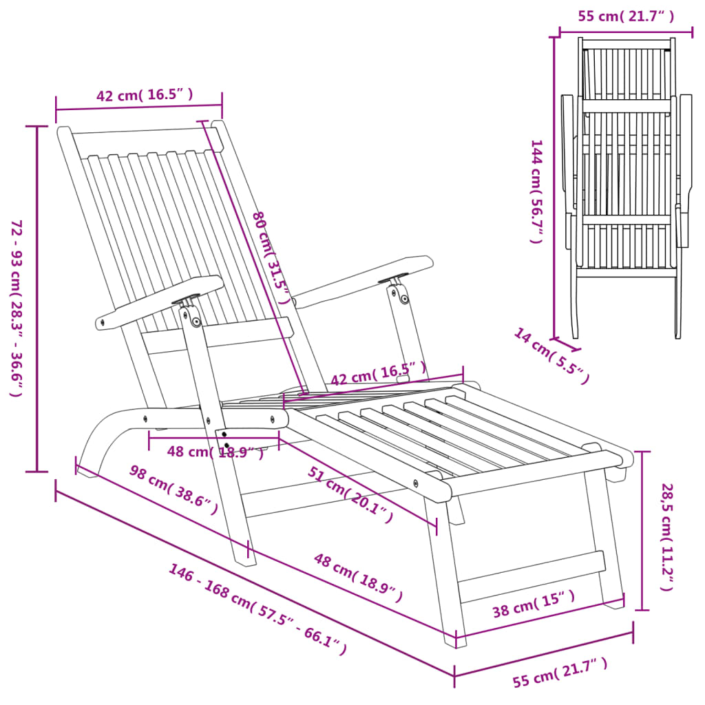 Chaises de terrasse avec repose-pieds et table en bois d'acacia massif