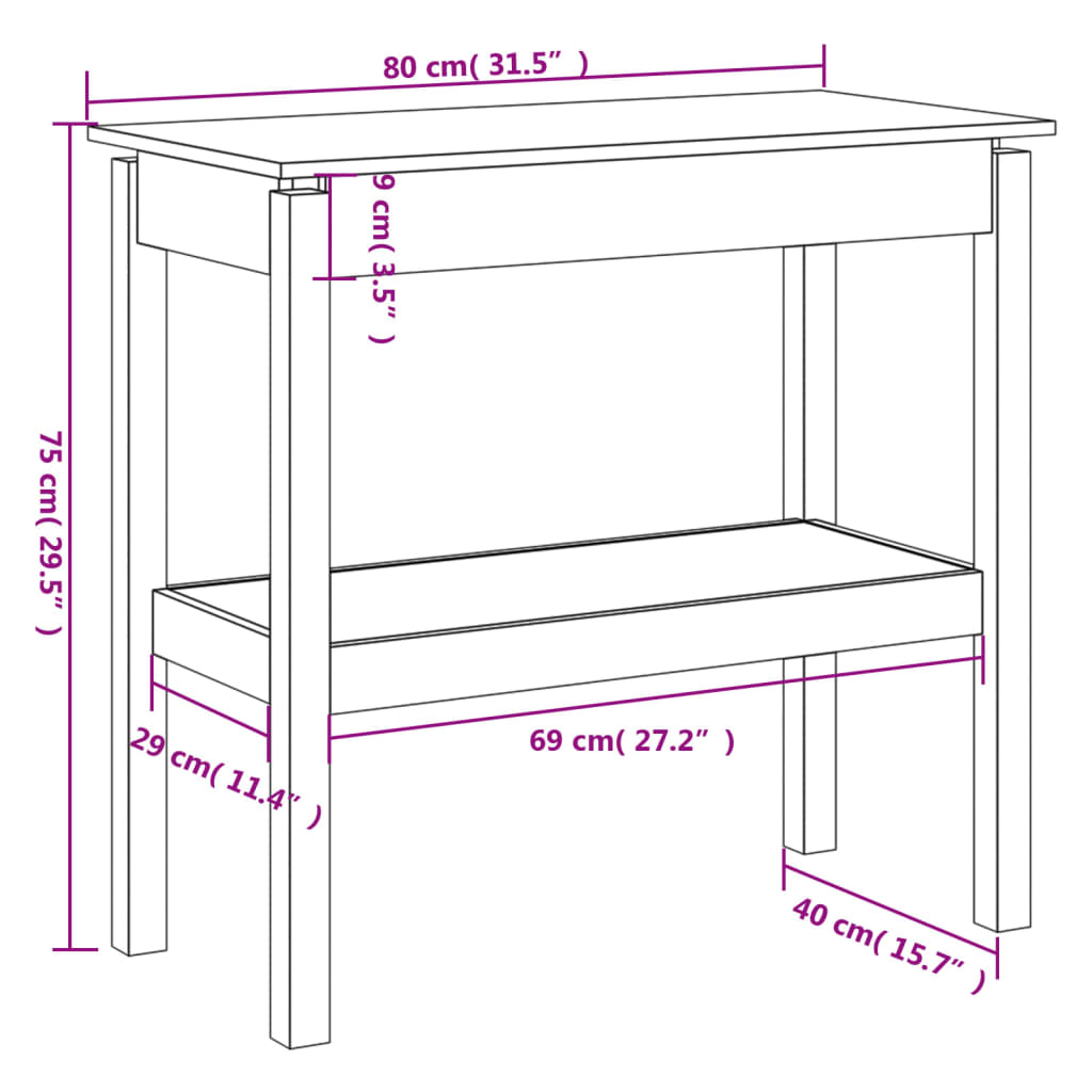 Wandtafel 110x40x75 cm massief grenenhout