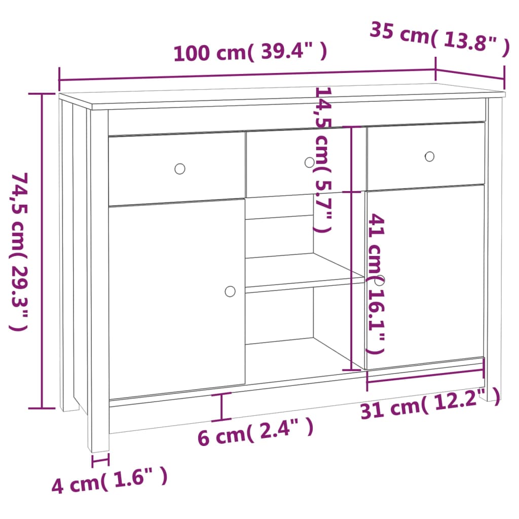 Buffet 100x35x74,5 cm en bois de pin massif