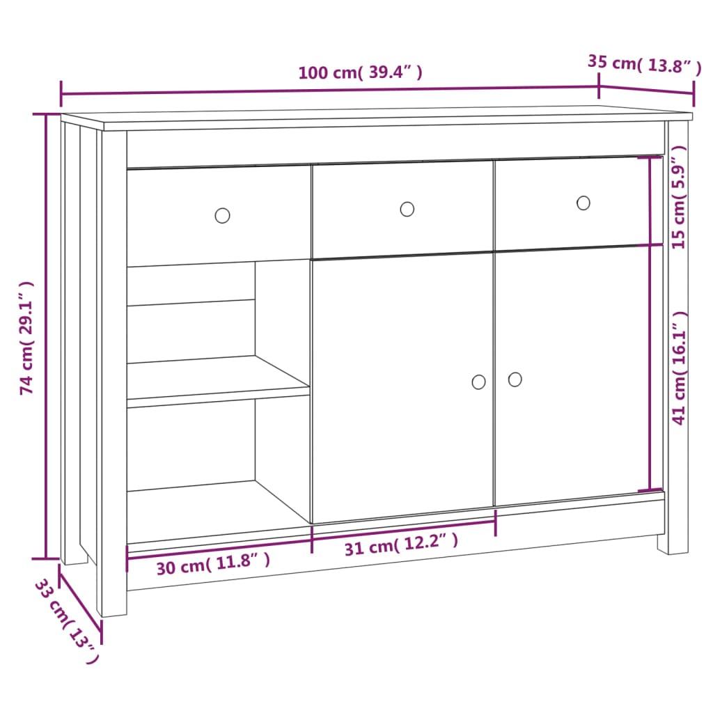 Buffet 100x35x74 cm en bois de pin massif