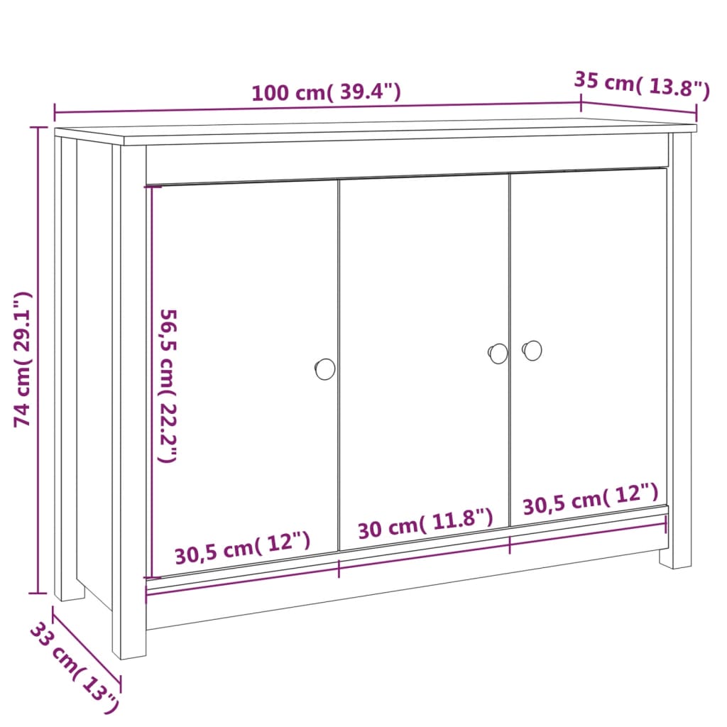 Buffet 100x35x74 cm en bois de pin massif