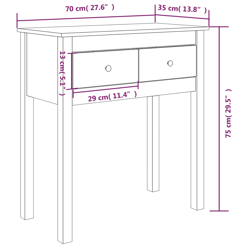 Table console 70x35x75 cm en bois de pin massif