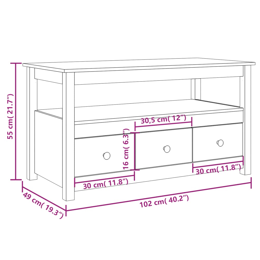 Table basse 102x49x55 cm en bois de pin massif