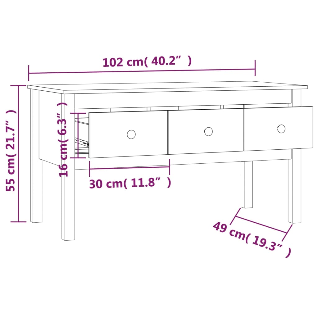 Table basse 102x49x55 cm en bois de pin massif