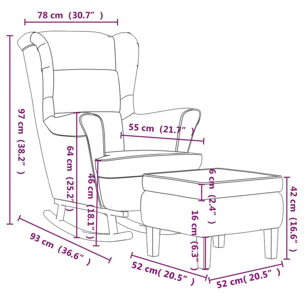 Chaise à bascule avec pieds en bois et repose-pieds en velours