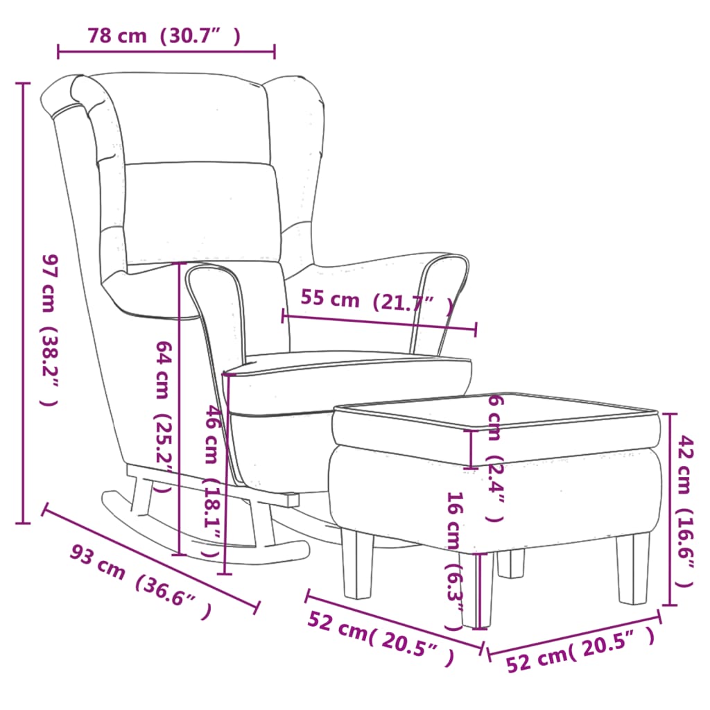 Chaise à bascule avec pieds en bois d'hévéa en velours massif