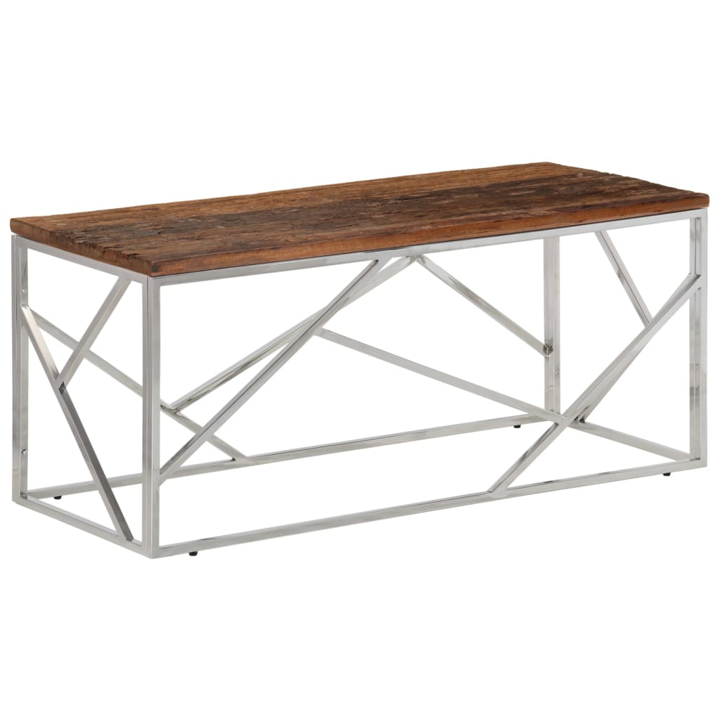 Table basse en acier inoxydable bois recyclé couleur argent