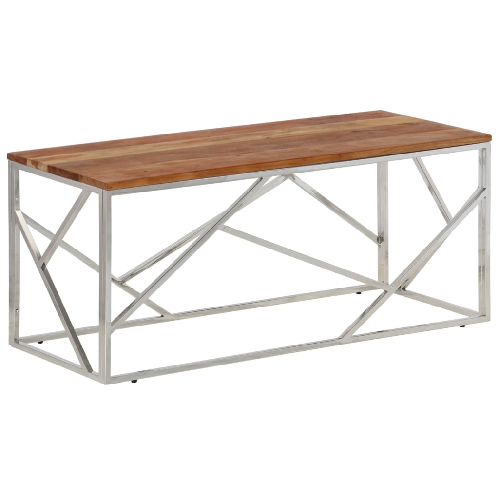 Table basse en acier inoxydable bois recyclé couleur argent