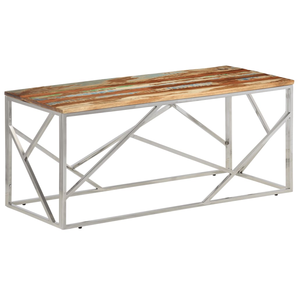 Table basse en acier inoxydable bois recyclé couleur argent