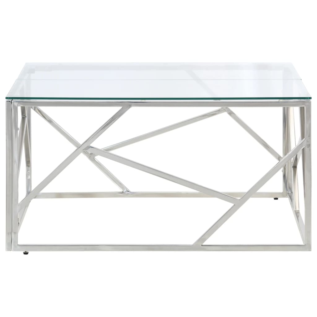 Table basse en acier inoxydable et bois d'acacia massif, couleur argent