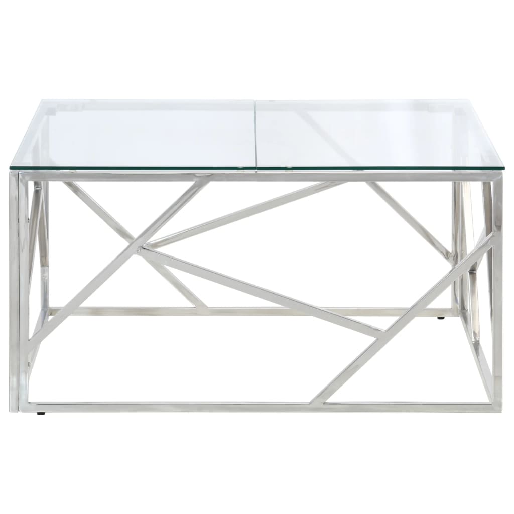 Table basse en acier inoxydable et bois d'acacia massif, couleur argent