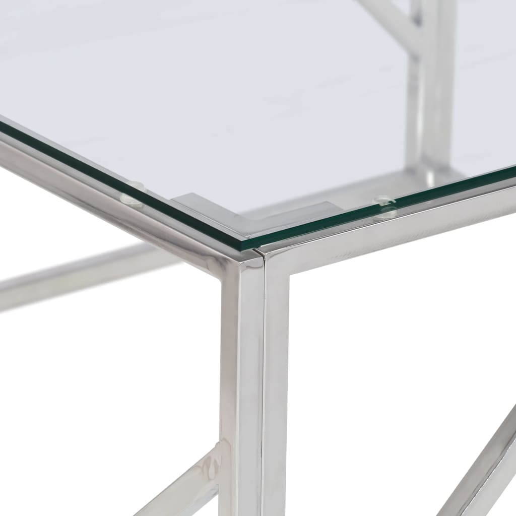 Table basse en acier inoxydable et bois d'acacia massif, couleur argent