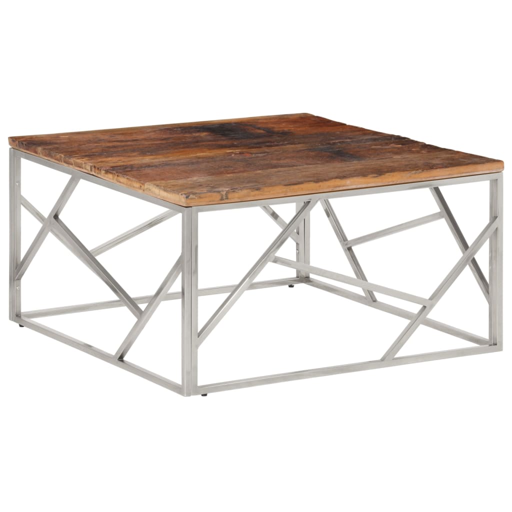 Table basse en acier inoxydable et bois d'acacia massif, couleur argent