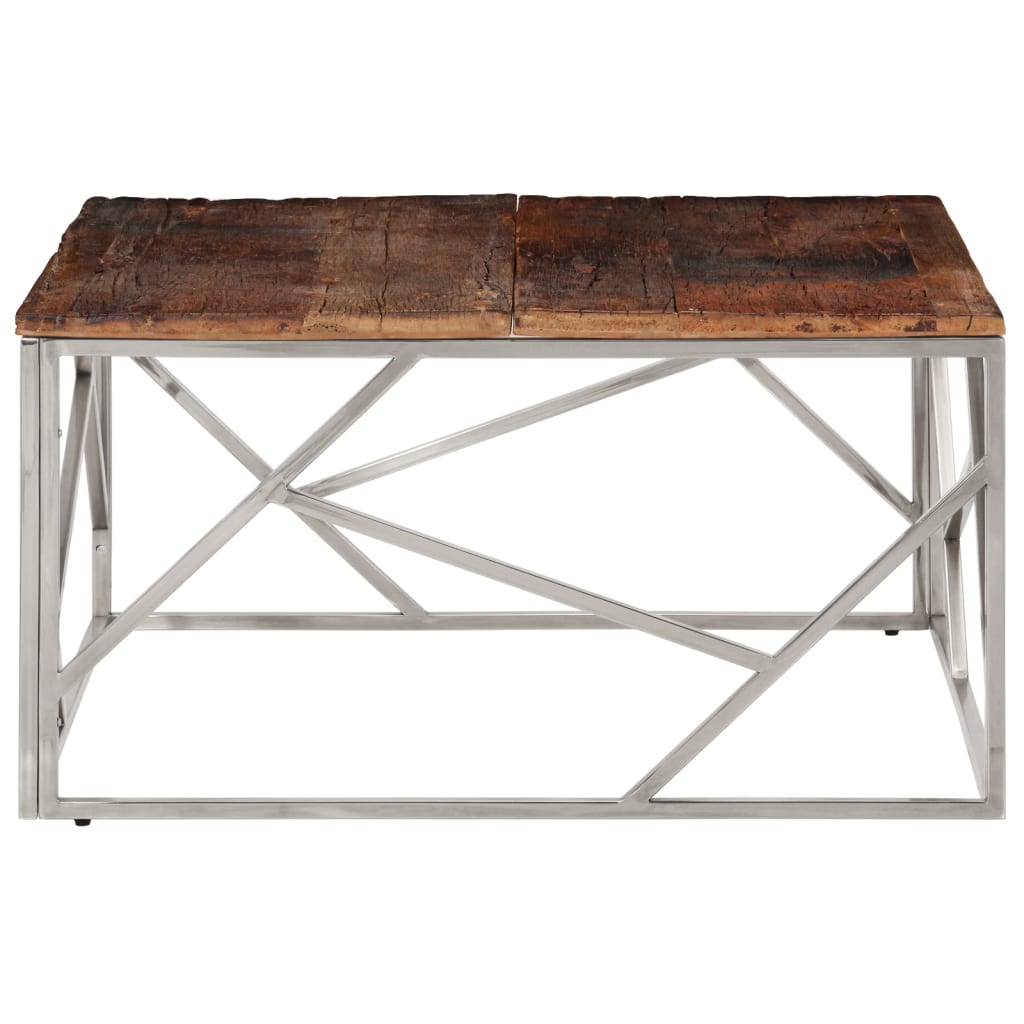 Table basse en acier inoxydable et bois d'acacia massif, couleur argent