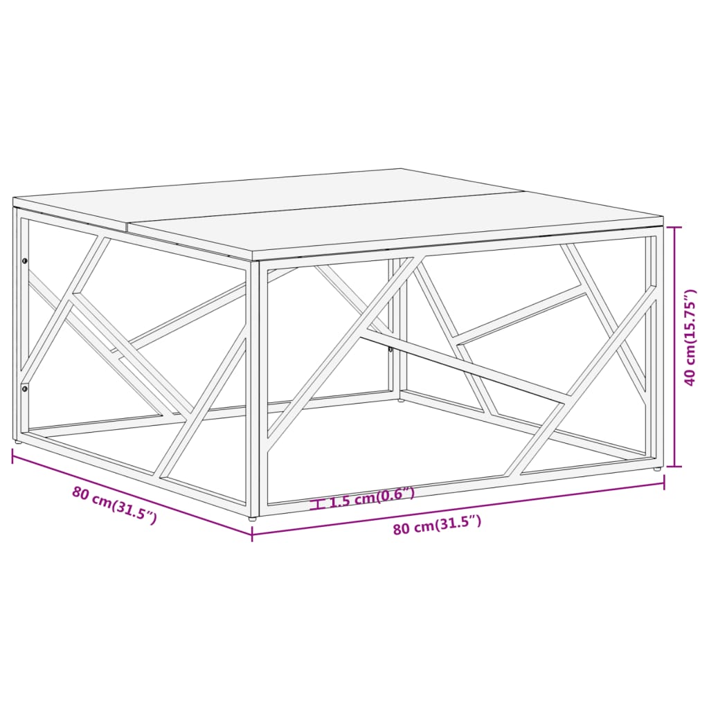 Table basse en acier inoxydable et bois d'acacia massif, couleur argent