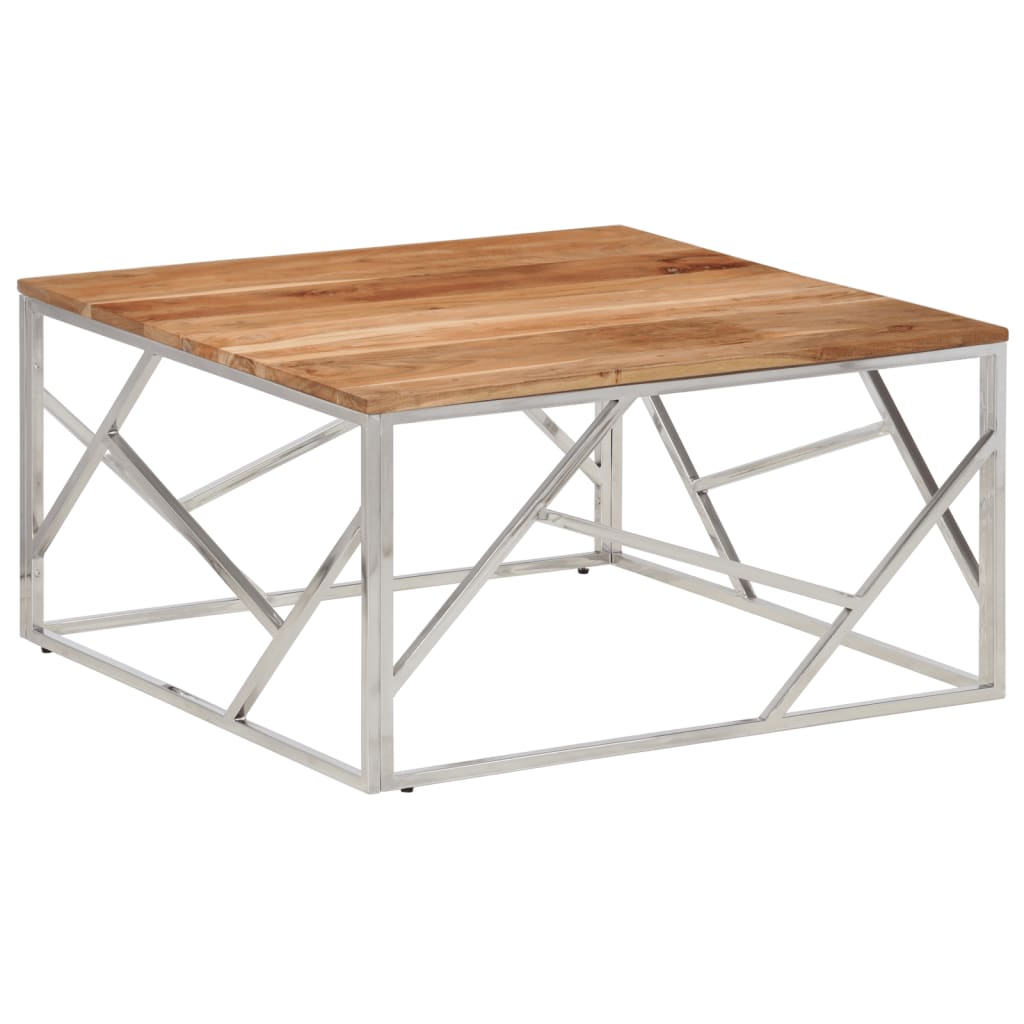 Table basse en acier inoxydable et bois d'acacia massif, couleur argent