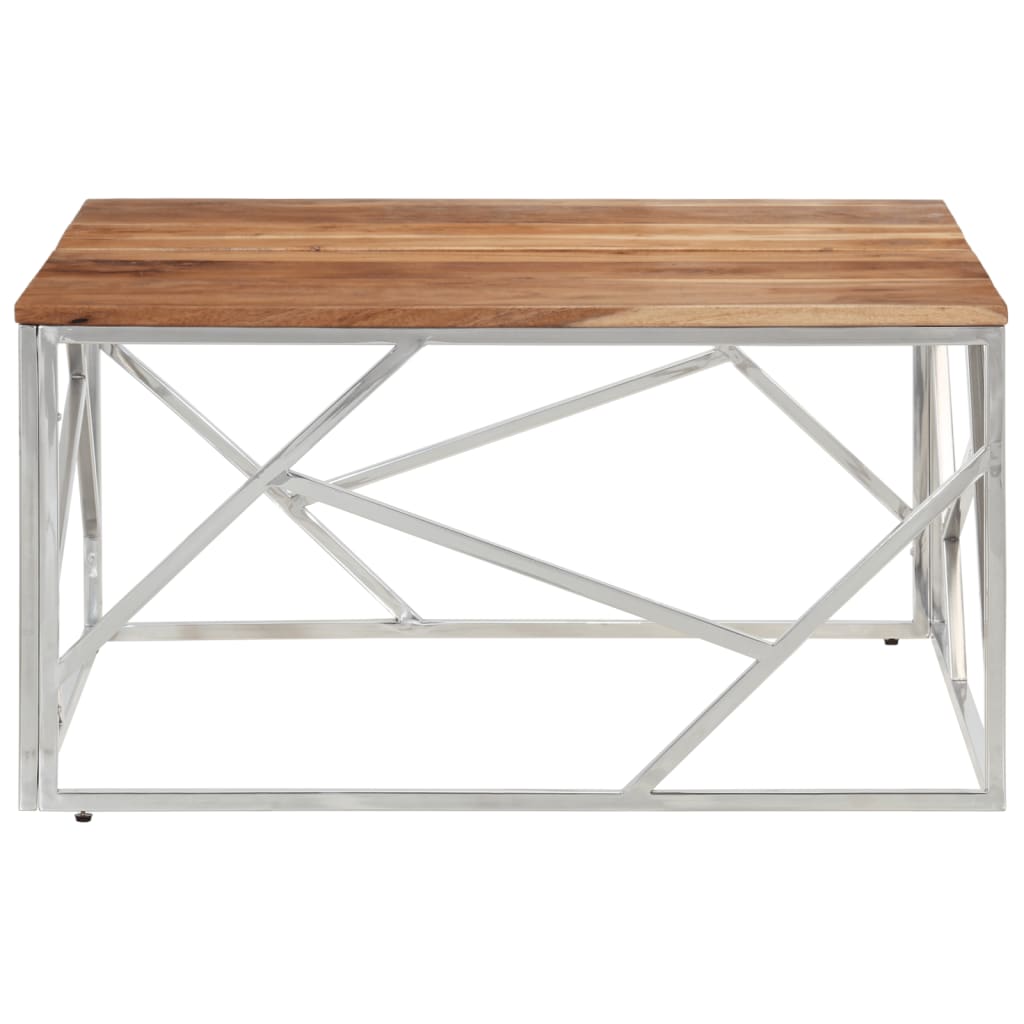 Table basse en acier inoxydable et bois d'acacia massif, couleur argent