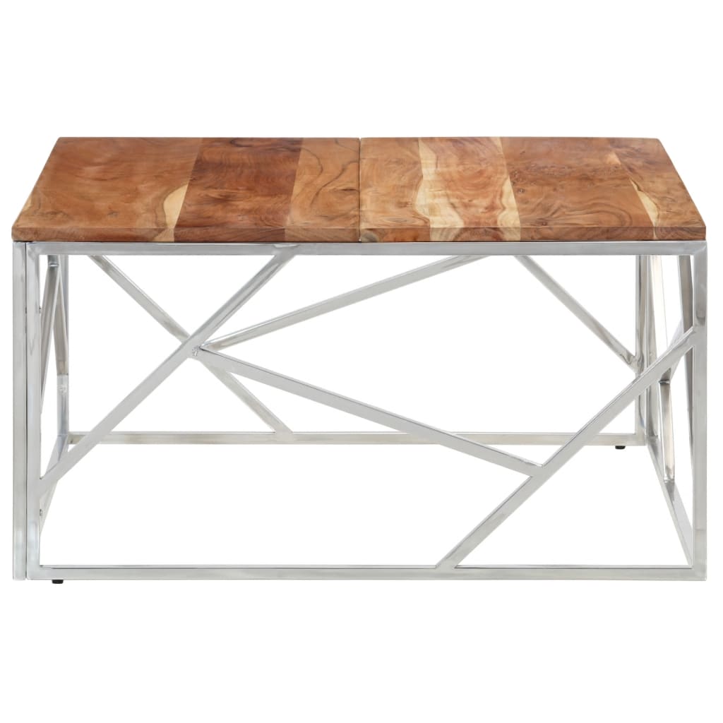 Table basse en acier inoxydable et bois d'acacia massif, couleur argent