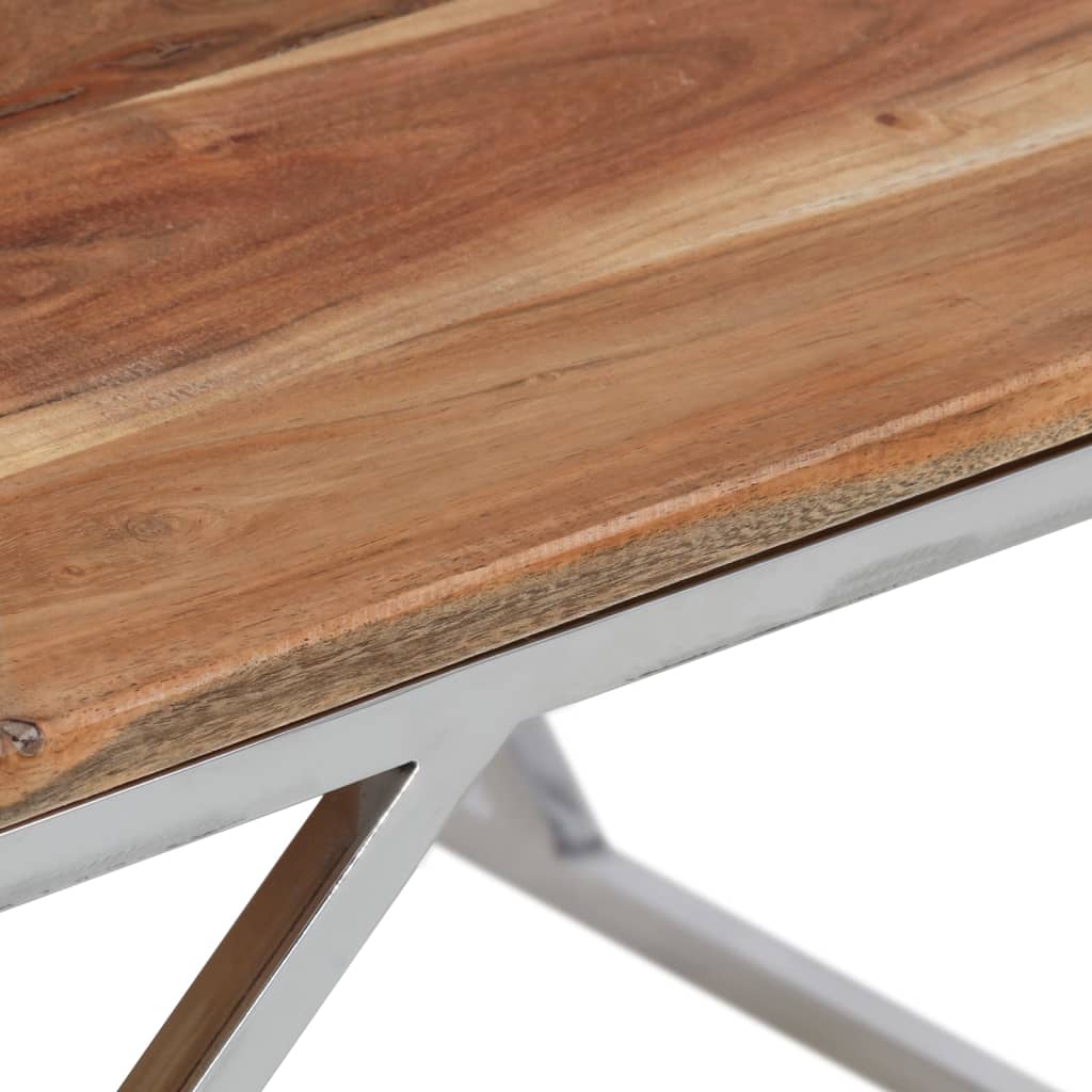 Table basse en acier inoxydable et bois d'acacia massif, couleur argent