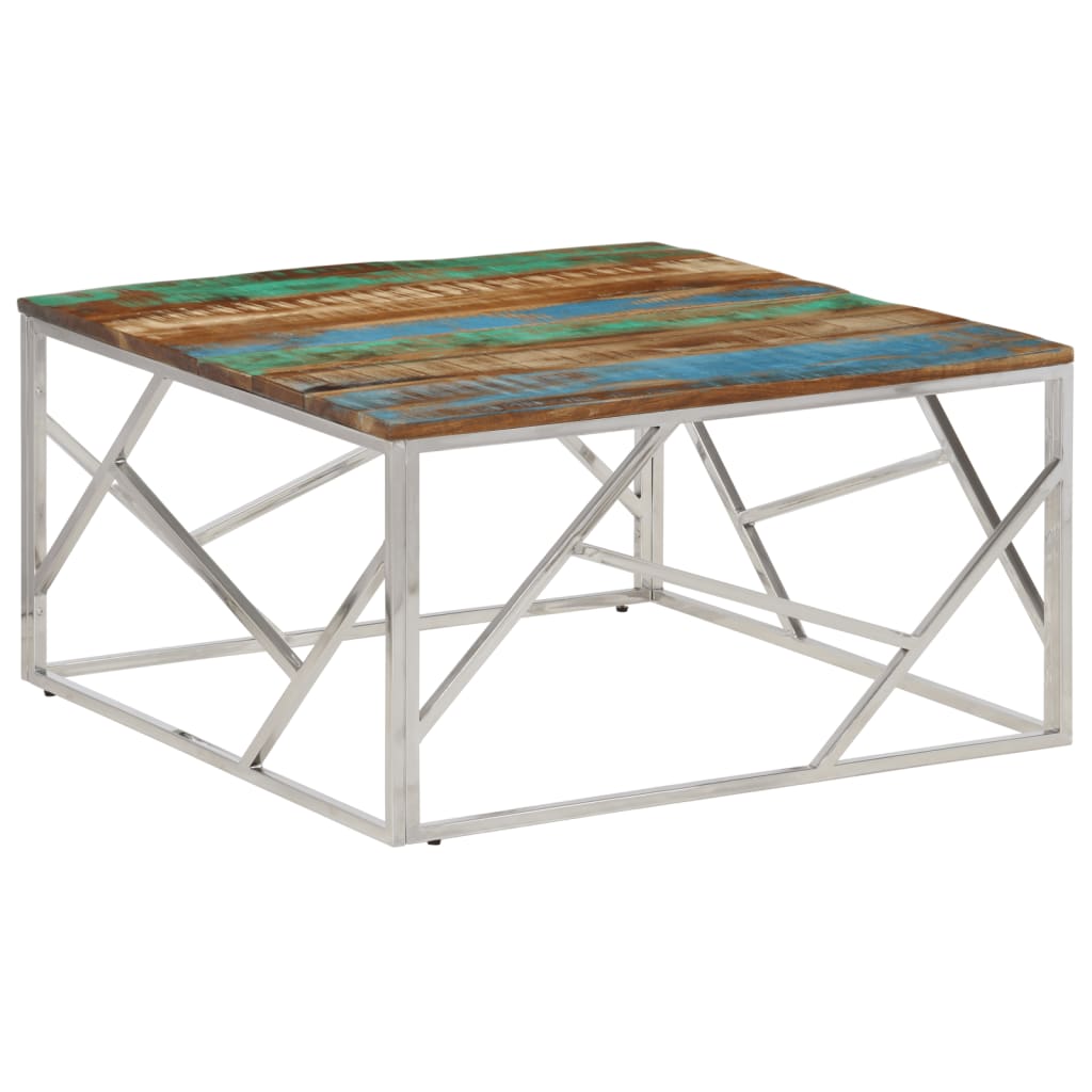 Table basse en acier inoxydable et bois d'acacia massif, couleur argent