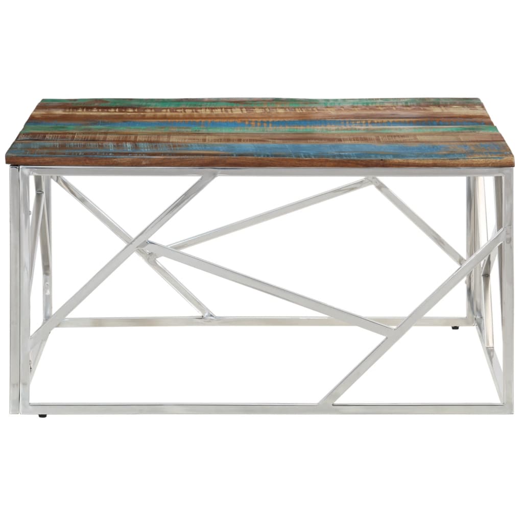 Table basse en acier inoxydable et bois d'acacia massif, couleur argent