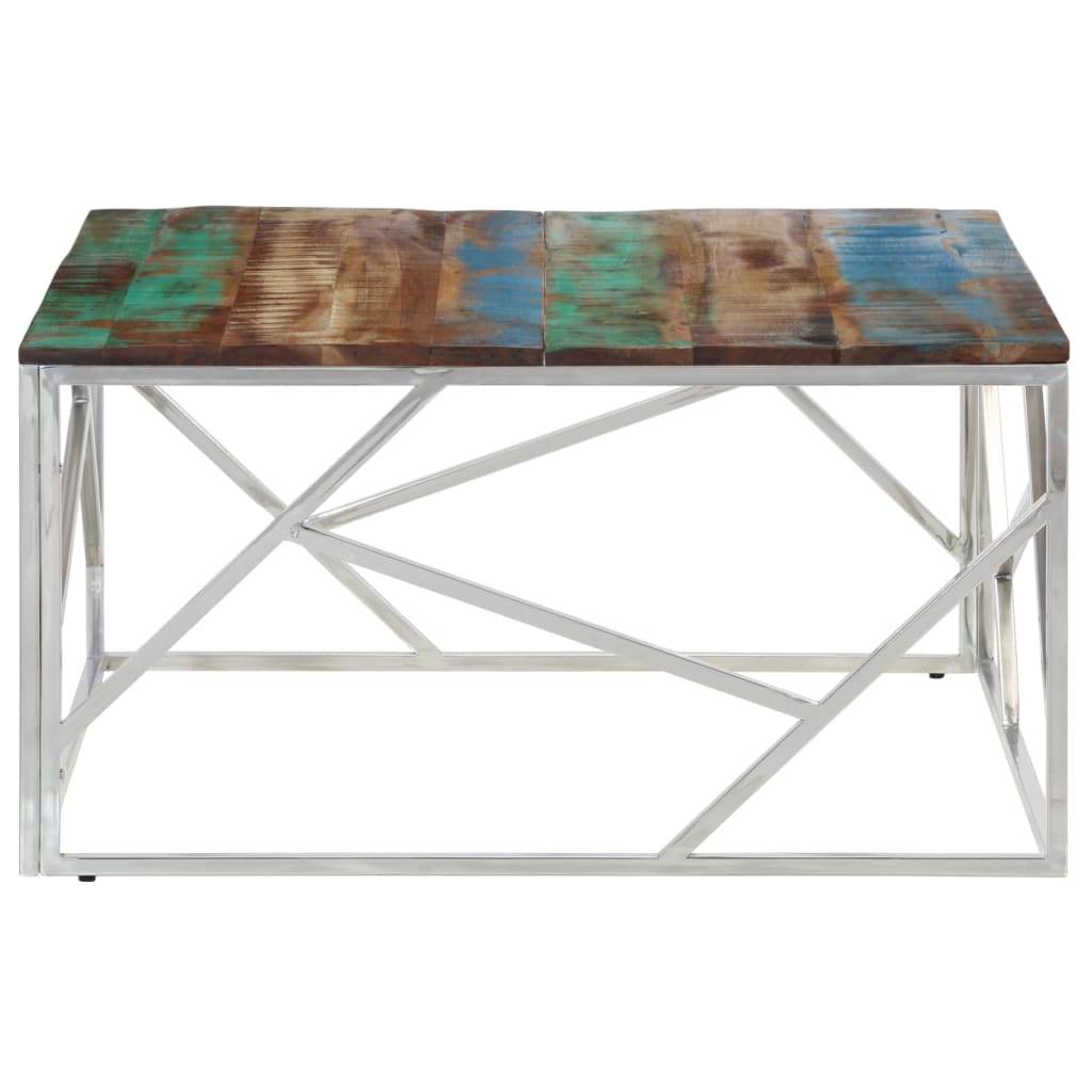 Table basse en acier inoxydable et bois d'acacia massif, couleur argent