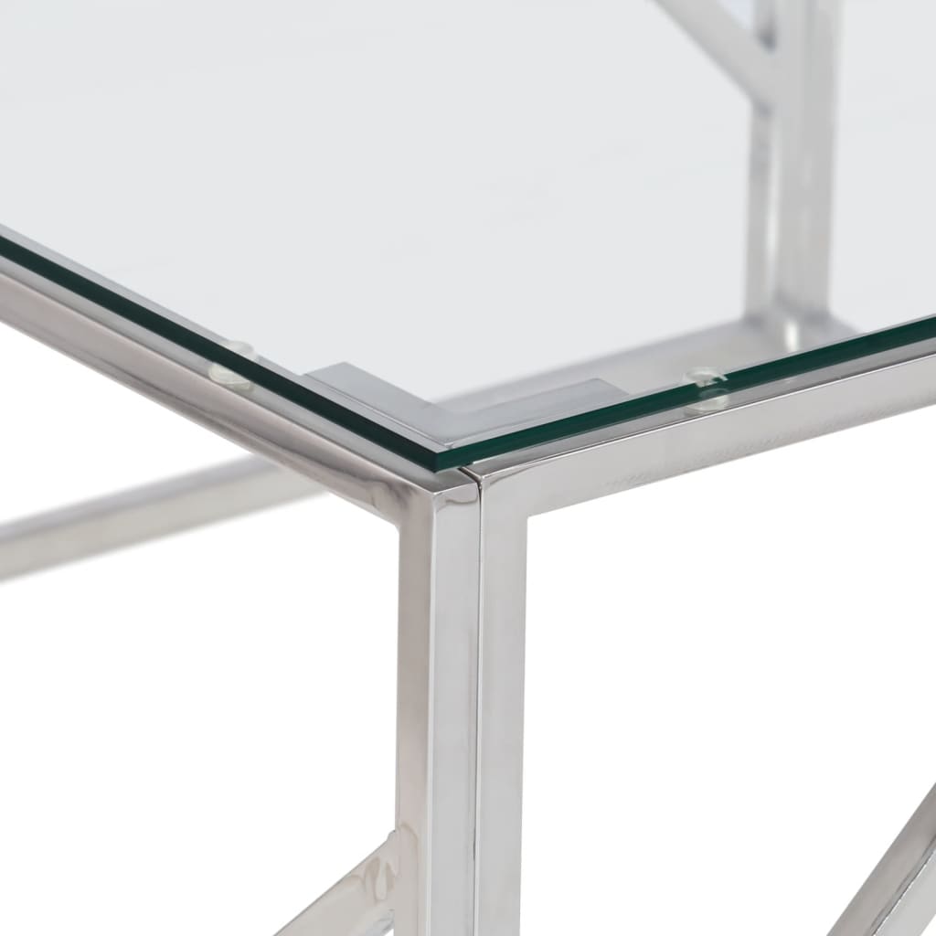 Table basse en acier inoxydable et verre trempé couleur argent