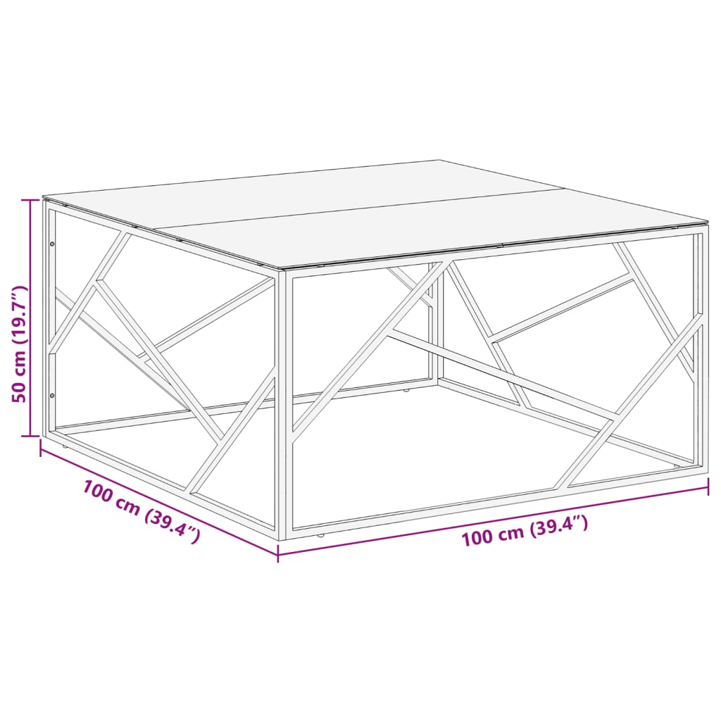 Table basse en acier inoxydable et verre trempé couleur argent