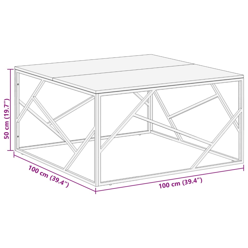 Table basse en acier inoxydable et verre trempé couleur argent