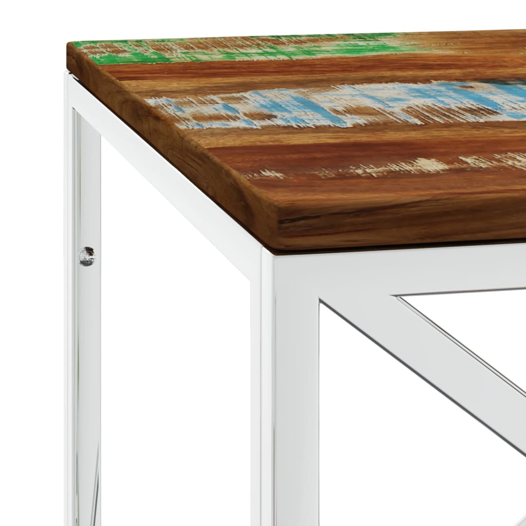 Table basse en acier inoxydable et bois de récupération massif