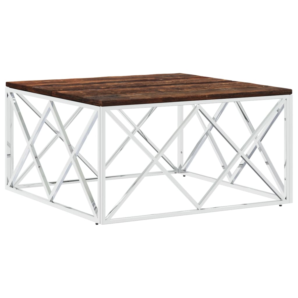 Table basse en acier inoxydable et bois de récupération massif