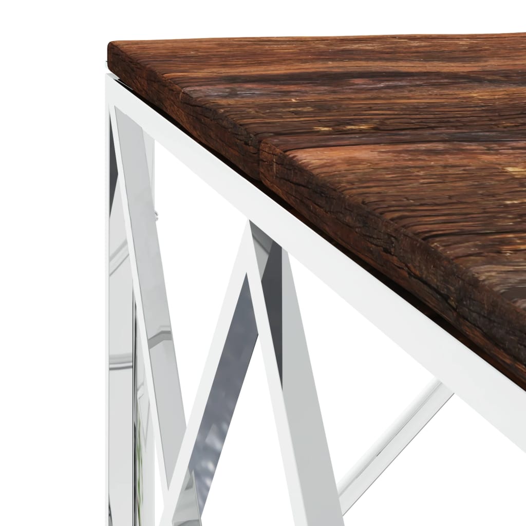 Table basse en acier inoxydable et bois de récupération massif