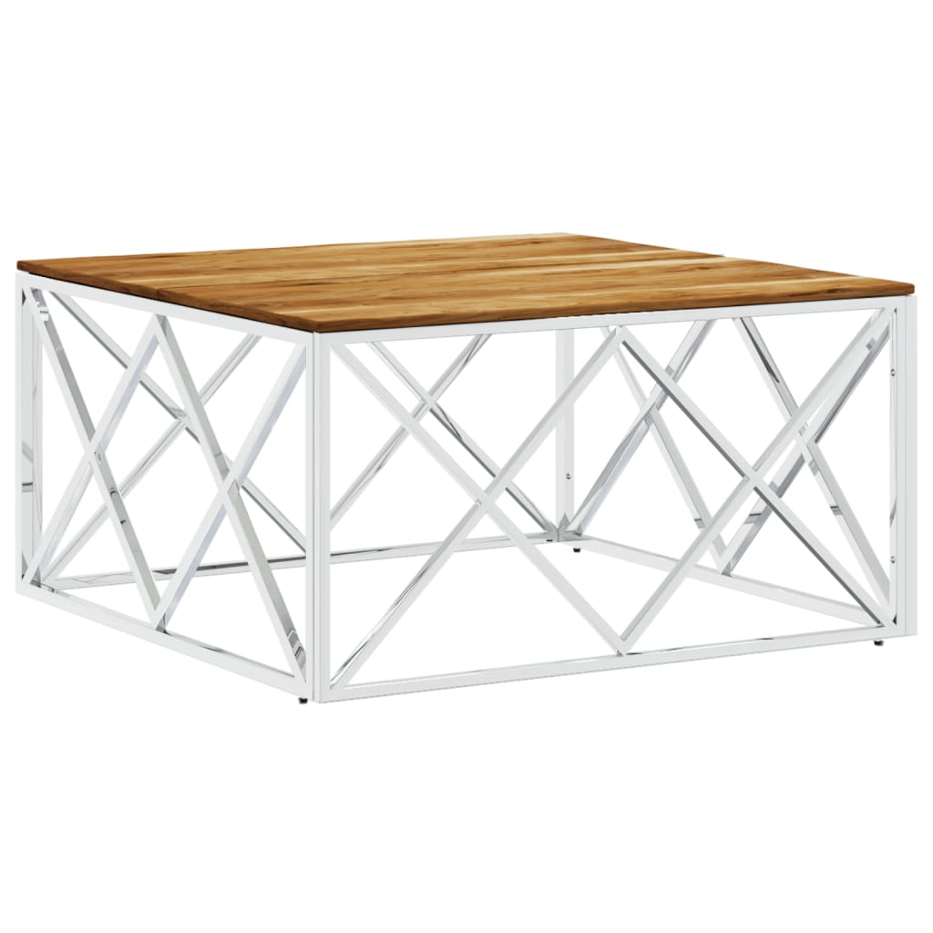 Table basse en acier inoxydable et bois de récupération massif