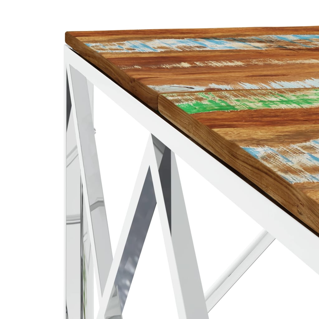 Table basse en acier inoxydable et bois de récupération massif