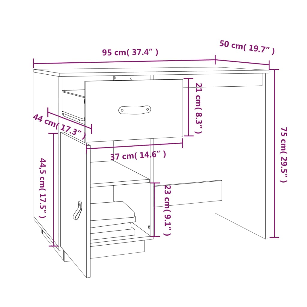 Bureau 95x50x75 cm en bois de pin massif