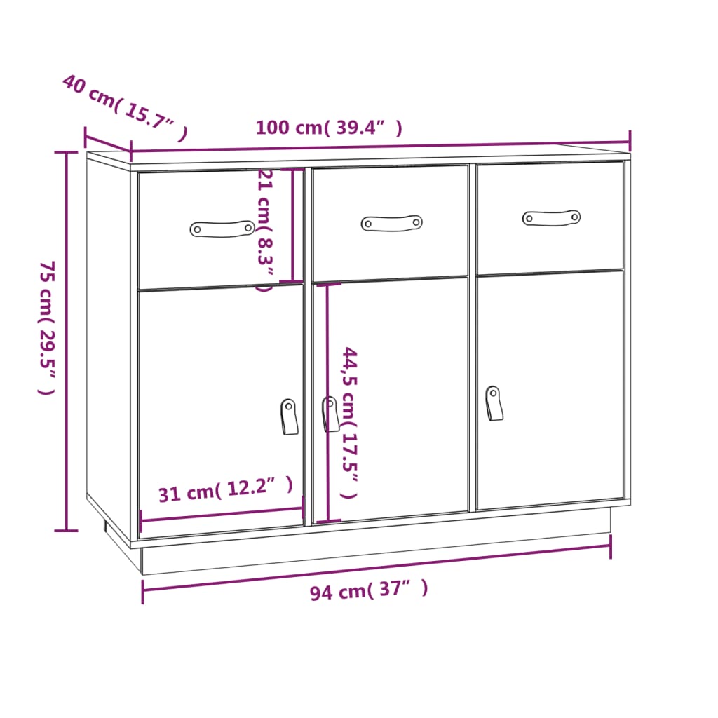 Dressoir 100x40x75 cm massief grenenhout