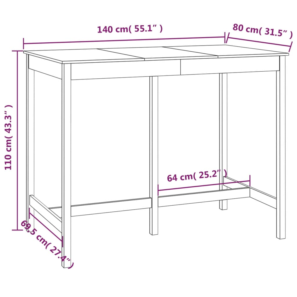 Table de bar 180x80x110 cm en bois de pin massif