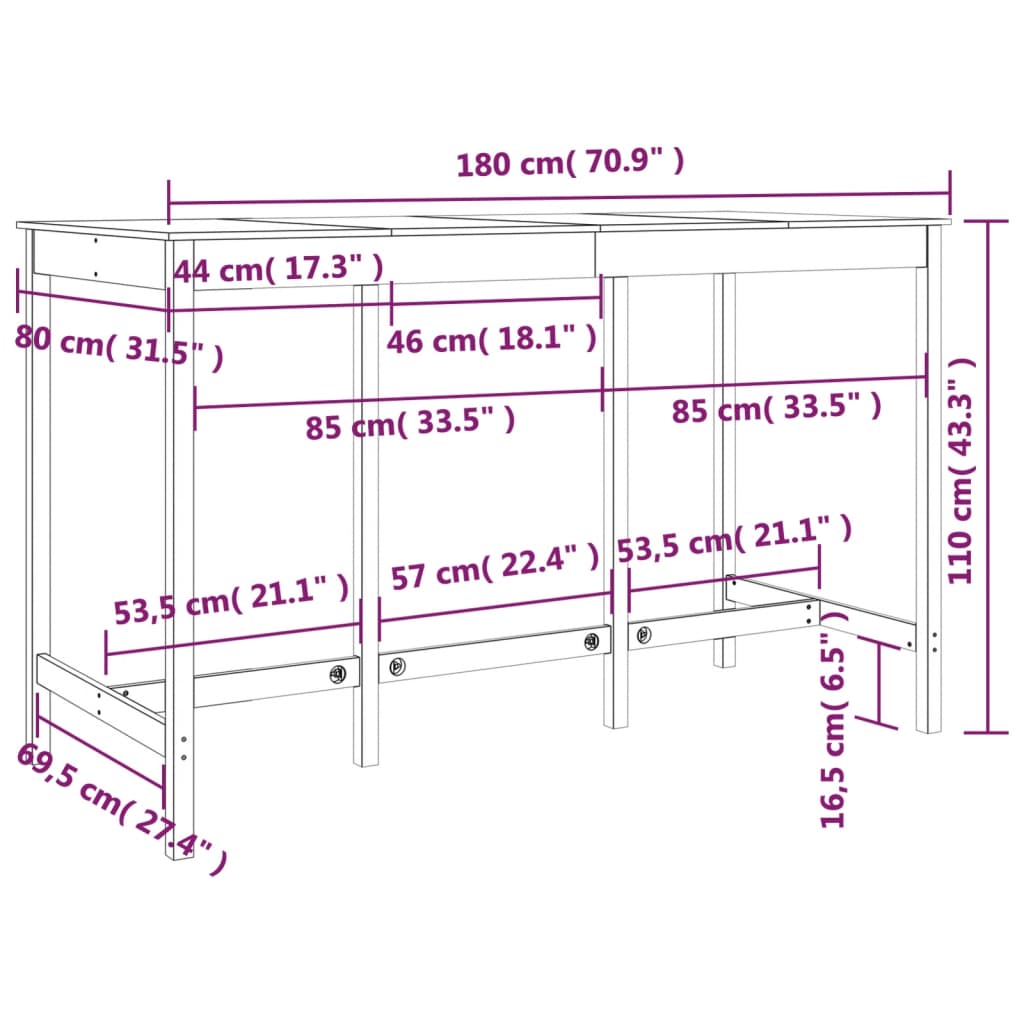 Table de bar 180x80x110 cm en bois de pin massif