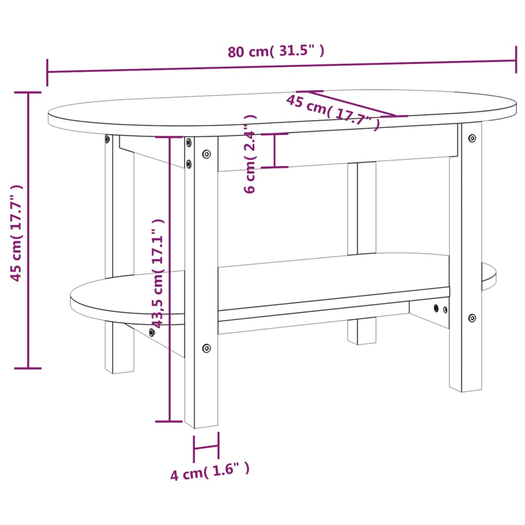 Table basse 80x45x45 cm en bois de pin massif