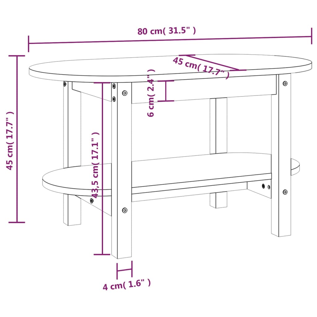 Table basse 80x45x45 cm en bois de pin massif