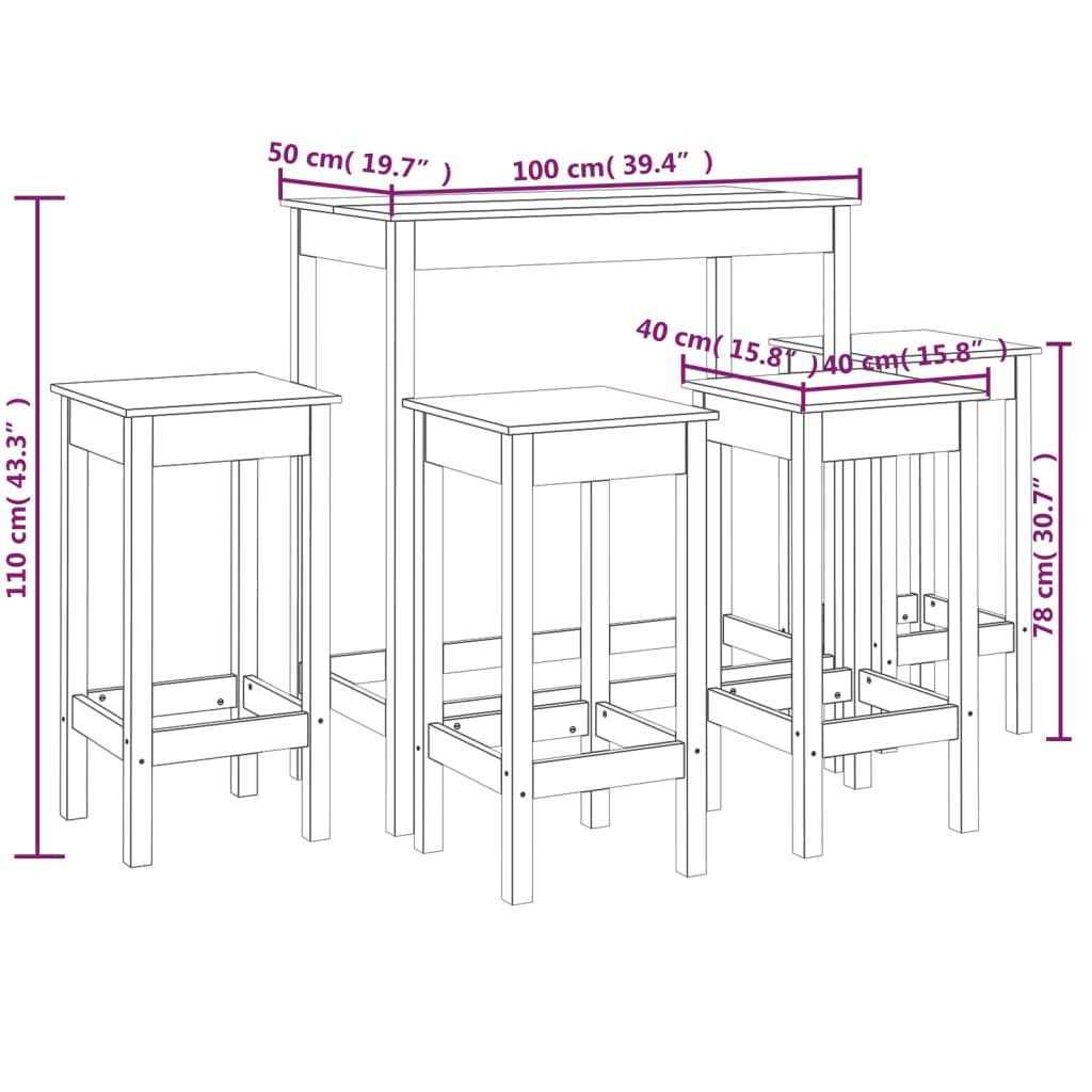 Ensemble de bar 5 pièces en bois de pin massif