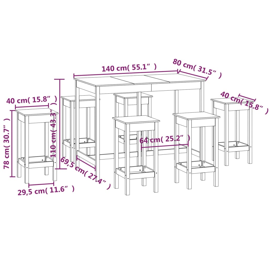 7-delige Barset massief grenenhout