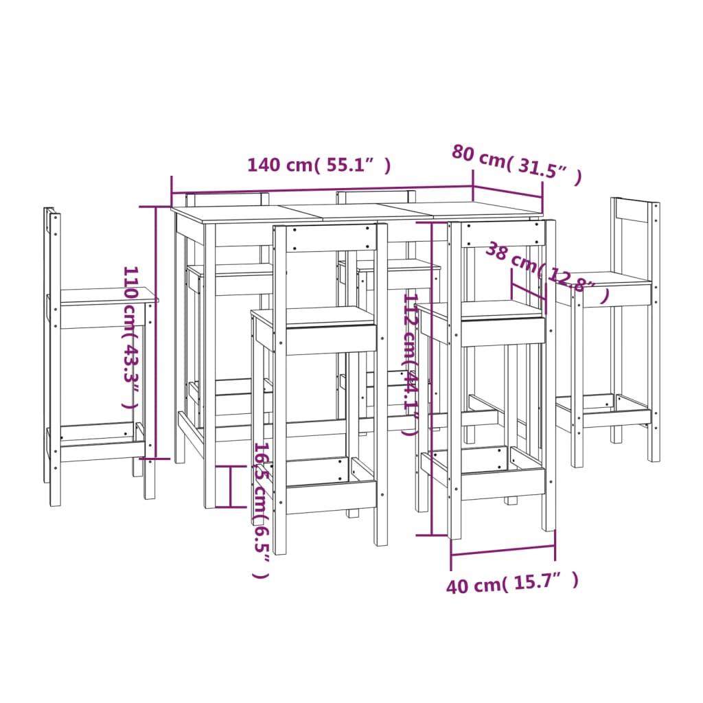 7-delige Barset massief grenenhout