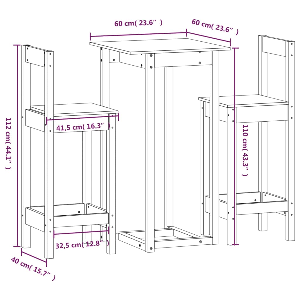 3-delige Barset massief grenenhout