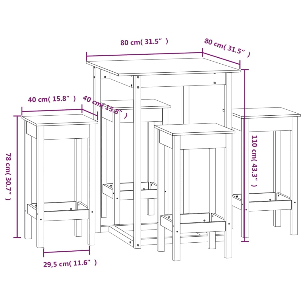 5-delige Barset massief grenenhout