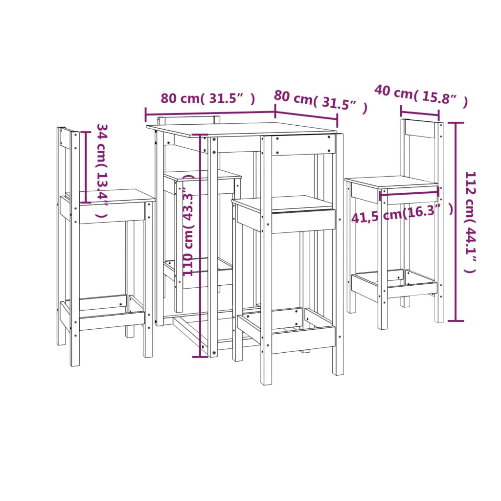 5-delige Barset massief grenenhout