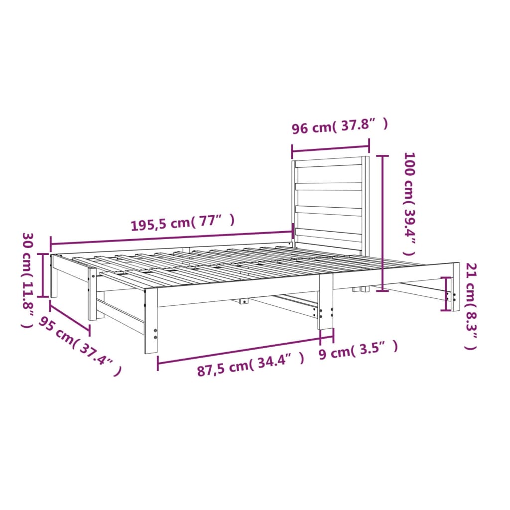 Slaapbank uitschuifbaar massief grenenhout 2x(90x190) cm